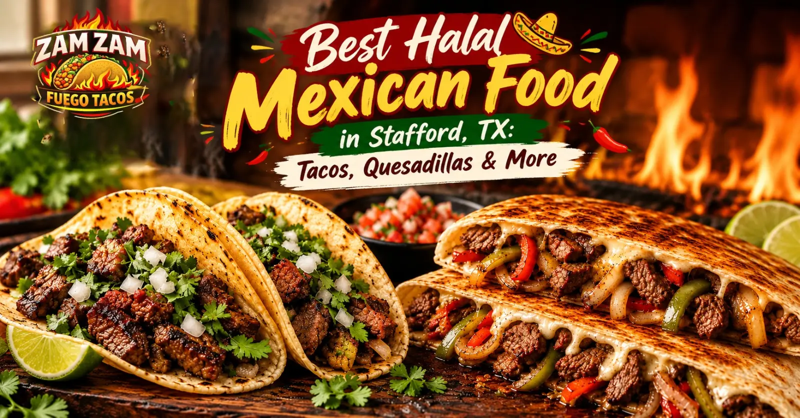 Zamzam Fuego Tacos halal Mexican food in Stafford, TX, featuring loaded beef tacos and cheesy steak quesadillas.